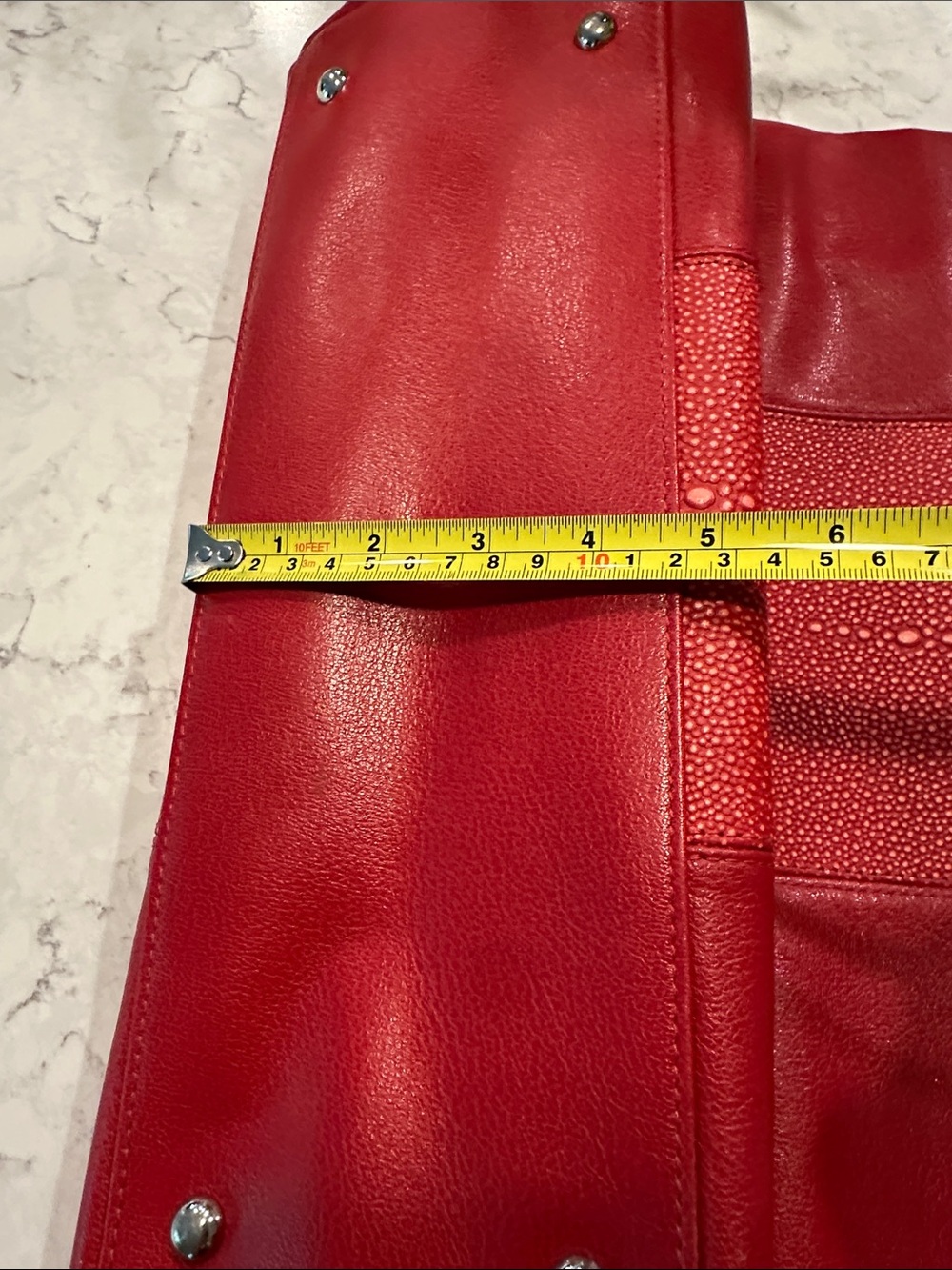 Longchamp Red Leather Tote with Textured Center Panel - Picture 12 of 13